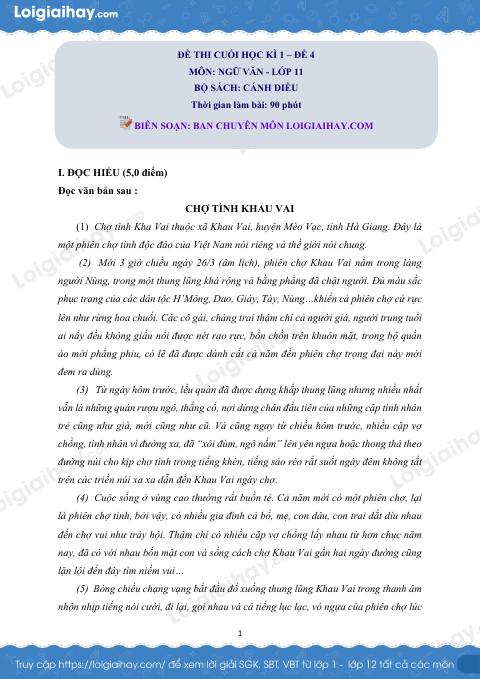 Đề thi học kì 1 Văn 11 Cánh diều - Đề số 4